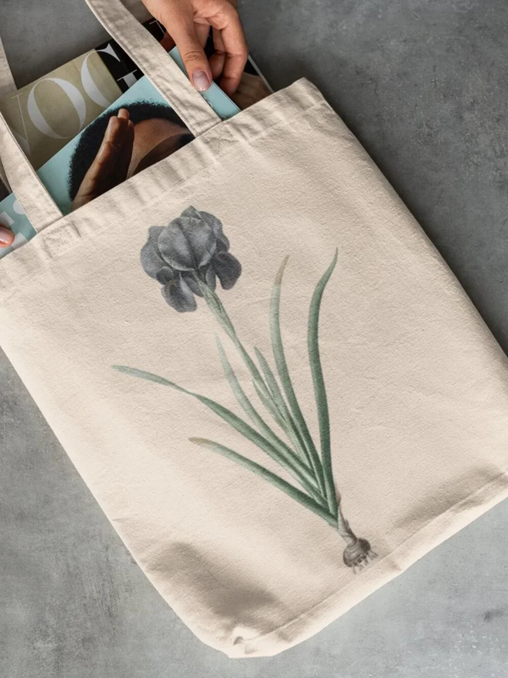 Mourning Iris Vintage Floral Print Graphic Canvas Tote Bag